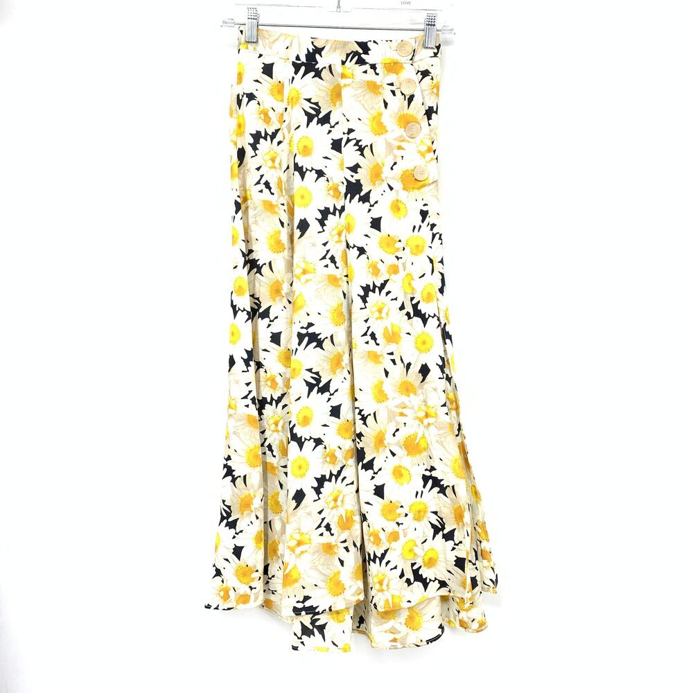 Zara Midi A-Line Skirt Womens Size XS White Yellow Daisy Print Elastic Waist